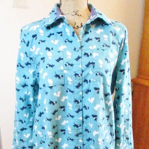 Pink K Womens LS Night/Sleep Shirt, Teal w/Black&White Scottie Dogs, Size S